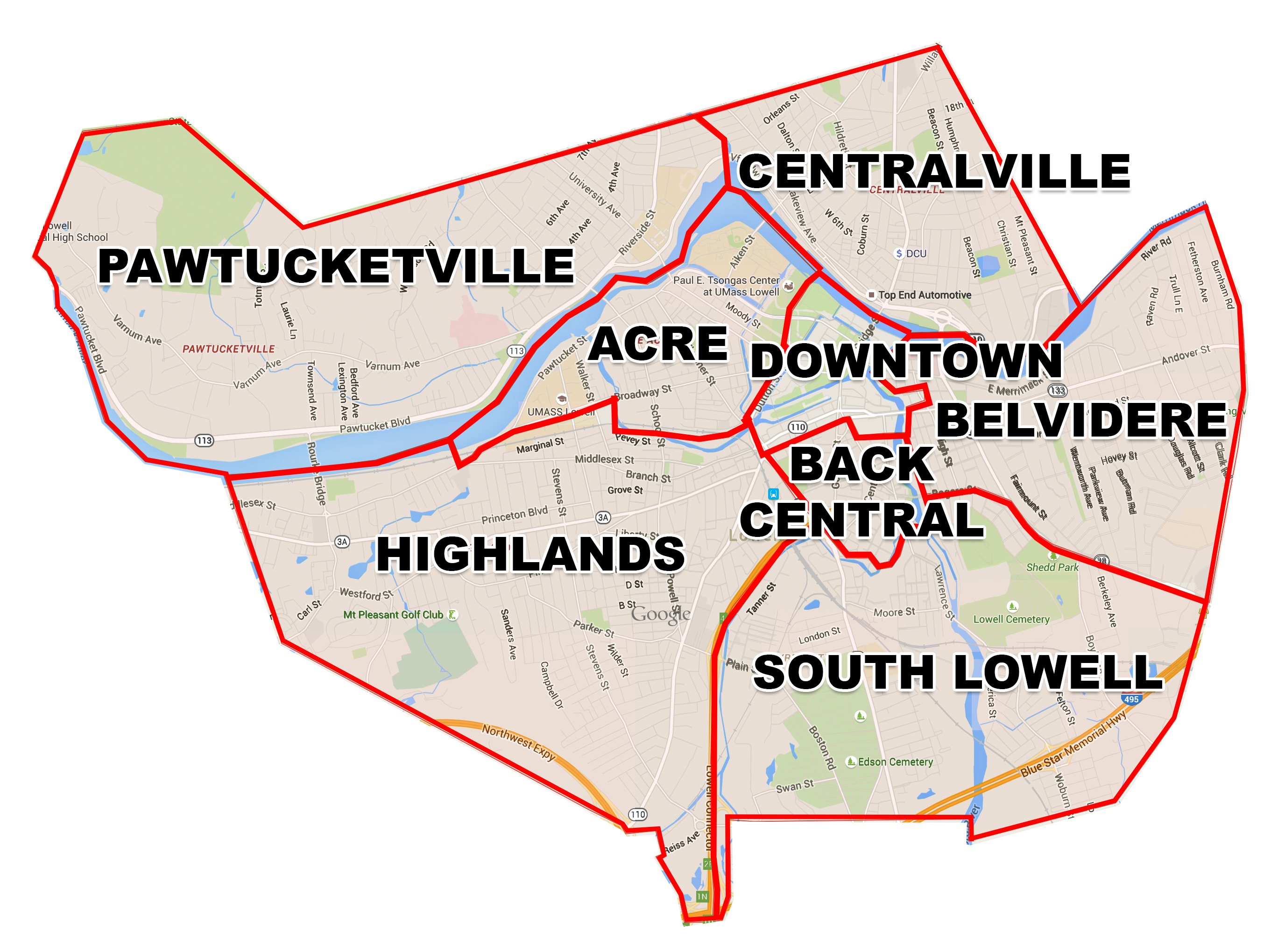 map showing lowell neighborhoods